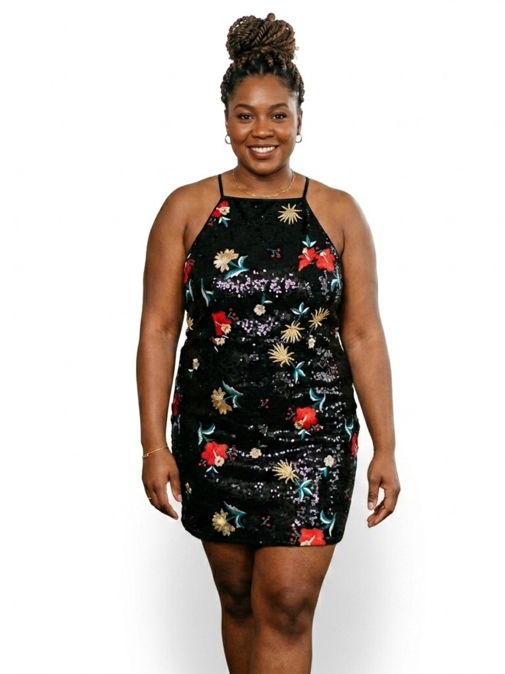Forever 21+ Dress 3X Sequin Floral Embroidered Black Halter Cocktail Party Mini